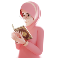 3d illustratie van een jong moslim vrouw schoonheid vervelend een hijab met bril lezing de Koran of al koran met een transparant PNG achtergrond