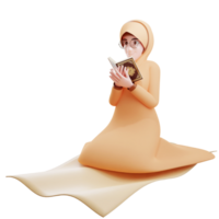 3d illustratie van een tekenfilm karakter jong moslim vrouw schoonheid vervelend een hijab met bril leren heilig al koran met een transparant PNG achtergrond