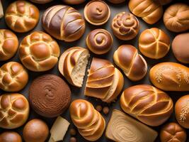 AI generated Bread background, top view of white, black and rye loaves on black photo