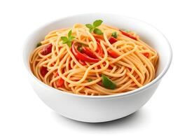 AI generated spaghetti and chili sauce in a bowl isolated on white background. photo