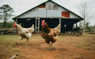 AI generated chickens running in front of a barn - AI generated photo