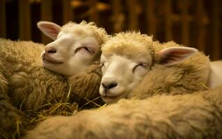 ai generado dos oveja son dormido en un granero - ai generado foto