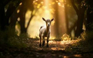 ai generado un bebé cabra caminando mediante un bosque a puesta de sol - ai generado foto