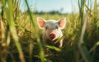 AI generated a pig is standing in tall grass - AI generated photo