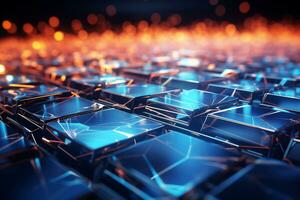 AI generated Abstract 3d rendering of chaotic cubes. Futuristic background with glowing cubes. AI Generation. photo