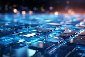 AI generated Abstract 3d rendering of chaotic cubes. Futuristic background with glowing cubes. AI Generation. photo
