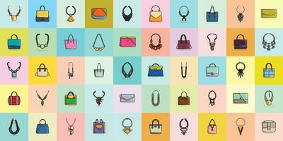 Collection of 50 Luxury Women Events Handbags and Lady Neck Necklaces vector illustration. Beauty fashion objects icon concept. Set of girls fashion jewelry accessories vector design.