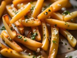 AI generated close up french fries with herbs photo