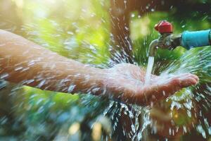 concepto de buena gestión del agua hace posible tener agua limpia para usar para siempre. la mano que sostiene el agua con felicidad foto