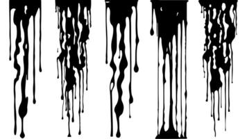 Set od Abstract Dripping Paints. Black ink flows down in long streams and drops. Flowing black liquid. Droplets. Dirty grunge texture. Vector illustration isolated on white background. Design elements