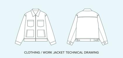 trabajo chaqueta con bolsillos, técnico dibujo, vestir Plano para Moda diseñadores vector