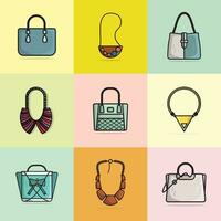 Collection Of Ladies Purses and Stylish Ladies Necklaces for Fashion vector illustration. Beauty fashion objects icon concept. Set of trendy women fashion jewelry accessories vector design.