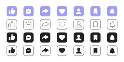 Like, comment, share, repost. Social media interface icons flat and linear style. Vector scalable graphics