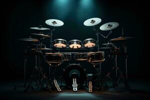 AI generated A drum set on stage illuminated by blue lights ready to perform. Drum kit on dark background. Ideal for music-related content. photo