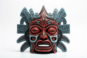 AI generated Carnival mask for festival. Aztec traditional ceremonial mask on white background. Warrior mask. Tribal totem. Traditions and customs of the ancient Aztecs. Travel souvenir. photo