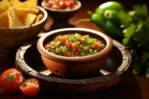 AI generated Salsa in bowl, served with tortilla chips and vegetables on wooden table. Traditional Mexican dish. On dark background. Ideal for food, restaurant advertisements, culinary blogs photo