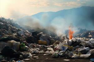 AI generated Large pile of garbage and discarded items under a stormy sky. Landfill with cans, bottles, and other trash. Ideal for waste management, environmental or pollution-related content photo