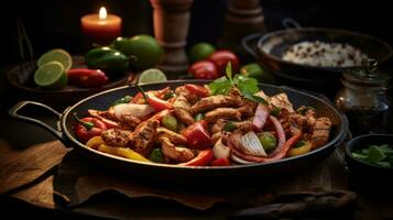 AI generated Fajita with beef and colorful bell peppers, served in skillet with tortillas. On dark background. Traditional Mexican dish. Grilled meat with vegetables. For food blog, restaurant photo