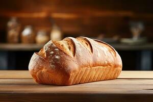 AI generated Bread on wooden table against backdrop of blurred kitchen. Golden brown loaf of bread with crispy crust. Made from organic whole grain wheat flour. For bakery, food blog, recipe book photo