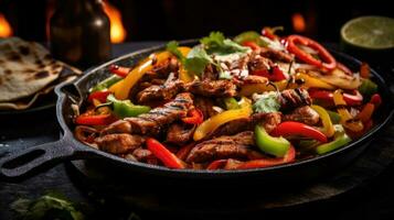 AI generated Fajitas with beef and colorful bell peppers, served in skillet with tortillas. On dark background. Traditional Mexican dish. Grilled meat with vegetables. For food blog, restaurant, menu photo