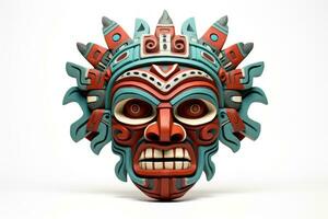 AI generated Carnival mask for the festival. Aztec traditional ceremonial mask on white background. Warrior mask. Tribal totem. Traditions and customs of ancient Aztecs. Travel souvenir. photo