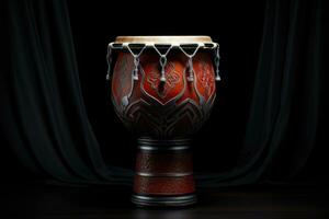 ai generado darbuka tambor en negro antecedentes. tradicional percusión musical instrumento de árabe cultura. adecuado para musical diseño, artículo, Blog, social medios de comunicación correo, álbum cubrir, póster. foto