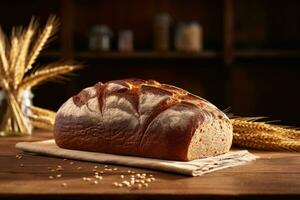 AI generated Rye Bread on wooden table against backdrop of a blurred kitchen. Freshly baked loaf of rye bread with crispy crust. Made from organic whole grain rye flour. For bakery, food blog photo