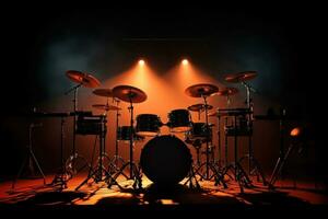 AI generated Drum set on stage illuminated by red and orange lights ready to perform. Drum kit on dark background. Ideal for music-related content. photo