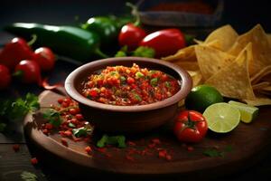 AI generated Salsa in bowl, served with tortilla chips and vegetables on wooden table. Traditional Mexican dish. On dark background. Ideal for food advertisements, culinary blogs, recipe, cookbooks photo