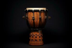 ai generado djembe tambor en negro antecedentes. tradicional percusión musical instrumento de africano cultura. adecuado para musical diseño, artículo, Blog, social medios de comunicación correo, álbum cubrir, póster. foto