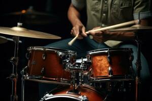 AI generated Drummer playing drum kit on stage against a dark background. A male musician is passionate about performing and music. Ideal for music-related content, concert promotions photo