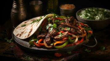 AI generated Fajitas with beef and colorful bell peppers, served in skillet with tortillas. On dark background. Traditional Mexican dish. Grilled meat with vegetables. For food blog, restaurant, menu photo