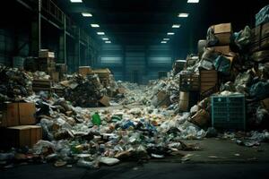 AI generated Industrial warehouse filled with discarded items and waste. ideal for projects related to waste management or environmental issues, for environmental awareness or waste disposal campaigns photo