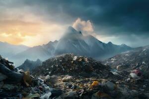 AI generated Large pile of garbage and discarded items under stormy sky. A landfill with cans, bottles, and other trash. Ideal for waste management, environmental or pollution-related content photo