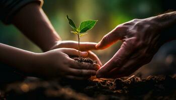 ai generado niños planta semillas de esperanza para un verder futuro, su manos elaboración un legado de ambiental administración. generativo ai foto