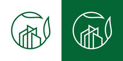 logo design leaf and building minimalist line icon vector illustration