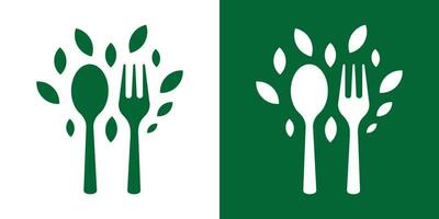 logo diseño comida orgánico cuchara tenedor y hoja icono vector ilustración