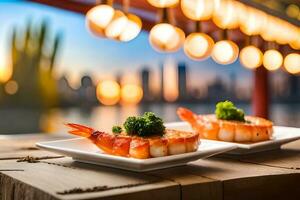 AI generated two shrimp on white plates with a view of the city. AI-Generated photo