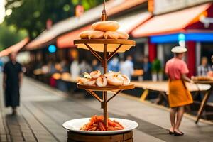 AI generated a man is standing in front of a food stand. AI-Generated photo