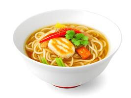 AI generated Bowl of spicy noodles with vegetable, carrots and chili, isolated on white background. photo