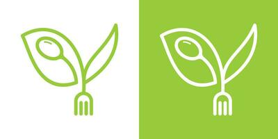 logo diseño orgánico alimento, tenedor y hoja diseño icono vector ilustración