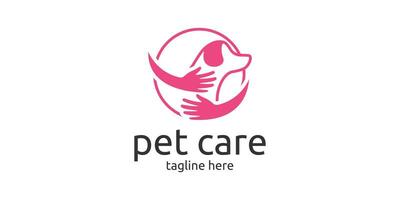 dog care logo design with dog elements and hugging hands. vector