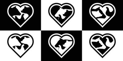 farm logo design set, heart and farm animals design icon vector illustration