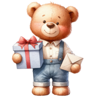 AI generated Watercolor cute teddy bear with a gift box on a isolated png