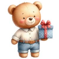 ai generiert Aquarell süß Teddy Bär mit ein Geschenk Box auf ein isoliert png