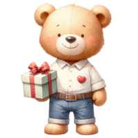 AI generated Watercolor cute teddy bear with a gift box on a isolated png