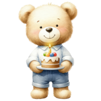 ai gegenereerd schattig teddy beer met verjaardag taart geïsoleerd png