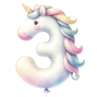 AI generated Number 3 Pastel Unicorn isolate. png