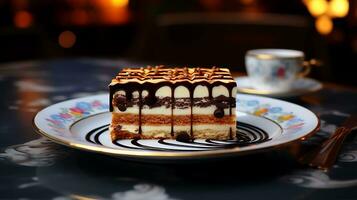 AI generated View of a Food restaurant has a beautiful delicious tiramisu colorful cake on a plate photo