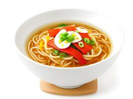 AI generated Bowl of spicy noodles with vegetable, carrots and chili, isolated on white background. photo